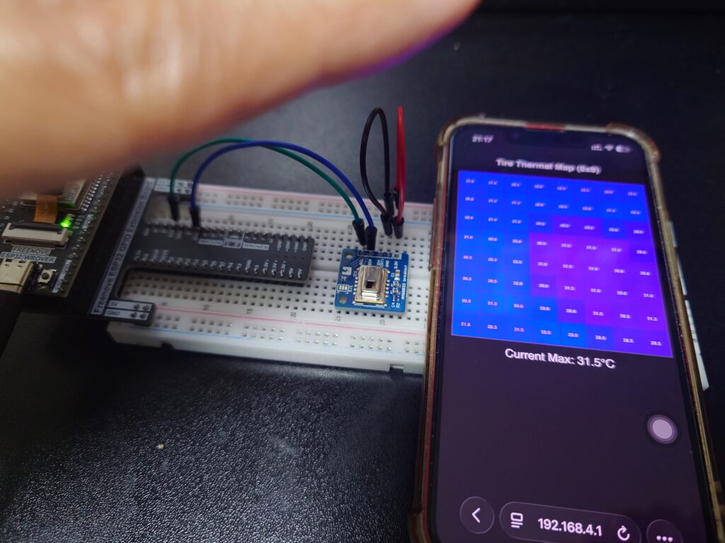ESP32とAMG8833センサーによるタイヤサーマルマップのプロトタイプ。スマホ画面に8×8の温度グリッドがリアルタイム表示されており、最高温度31.5℃が表示されている。左側にはブレッドボードで組まれた実機が見える。