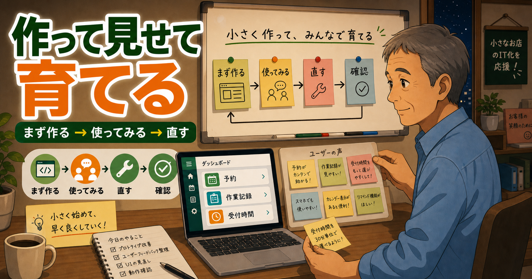 夜のホームオフィスで業務アプリの改善点を整理する様子