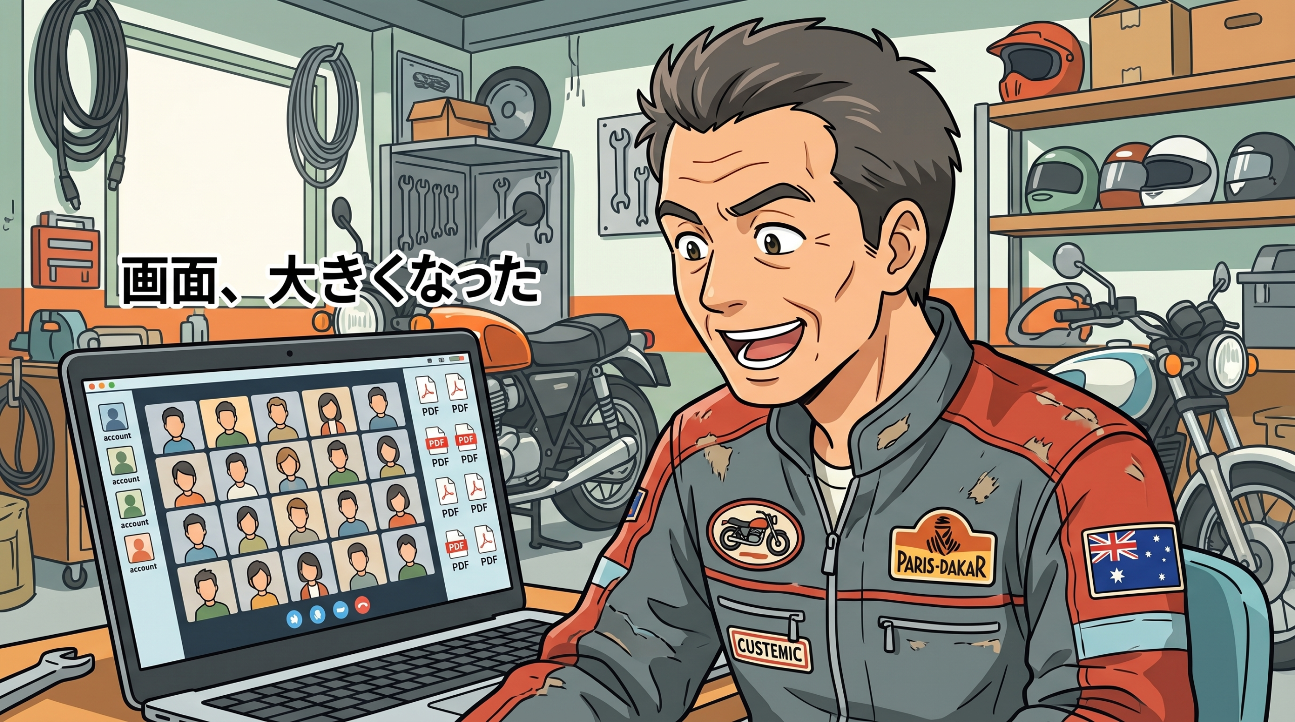 バイク整備工場でノートパソコンを使い、リモート会議を行うバイク屋さんの店主