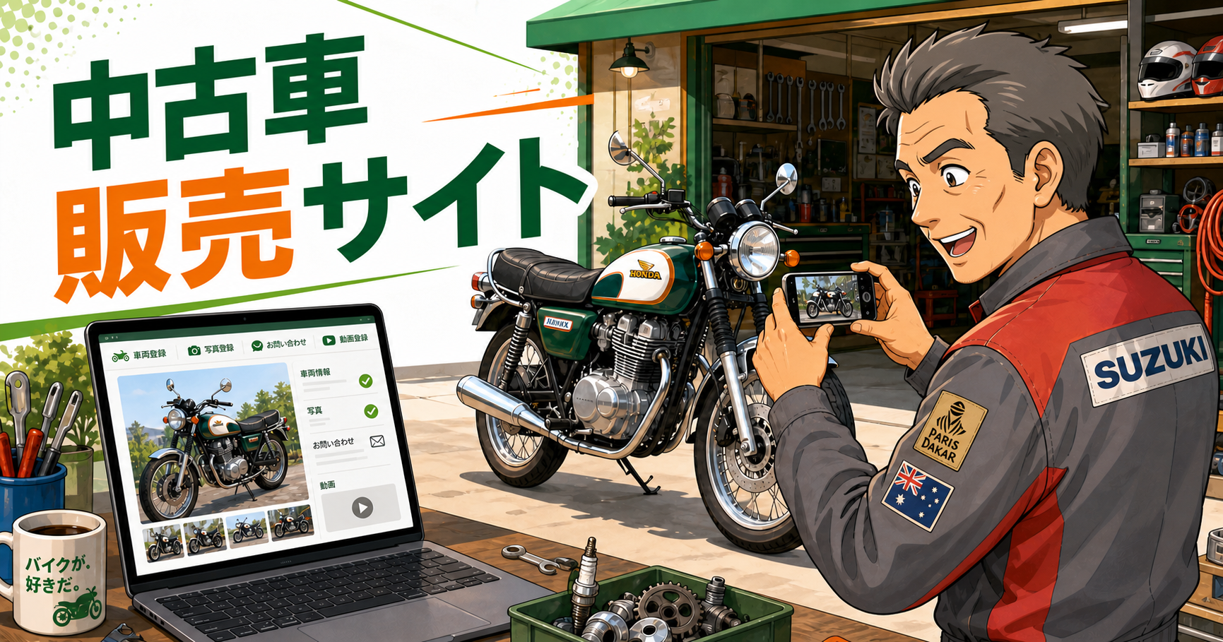 中古バイクの写真を撮影し、販売サイトへ登録するバイク屋さん