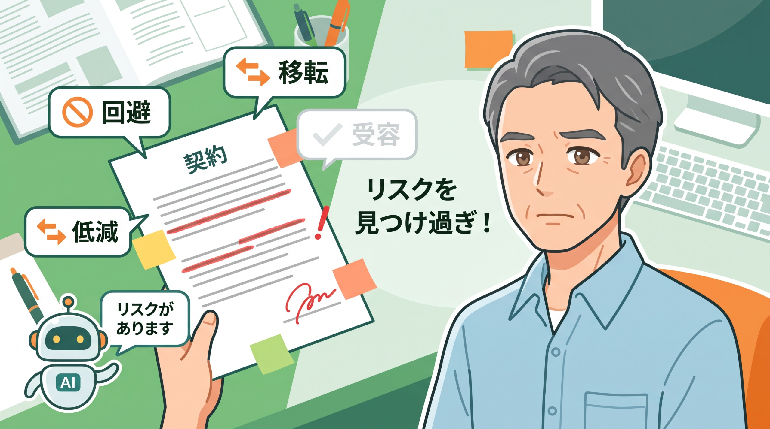 契約書のリスクを指摘するAIと、回避・低減・移転・受容の選択肢を前に悩む人物