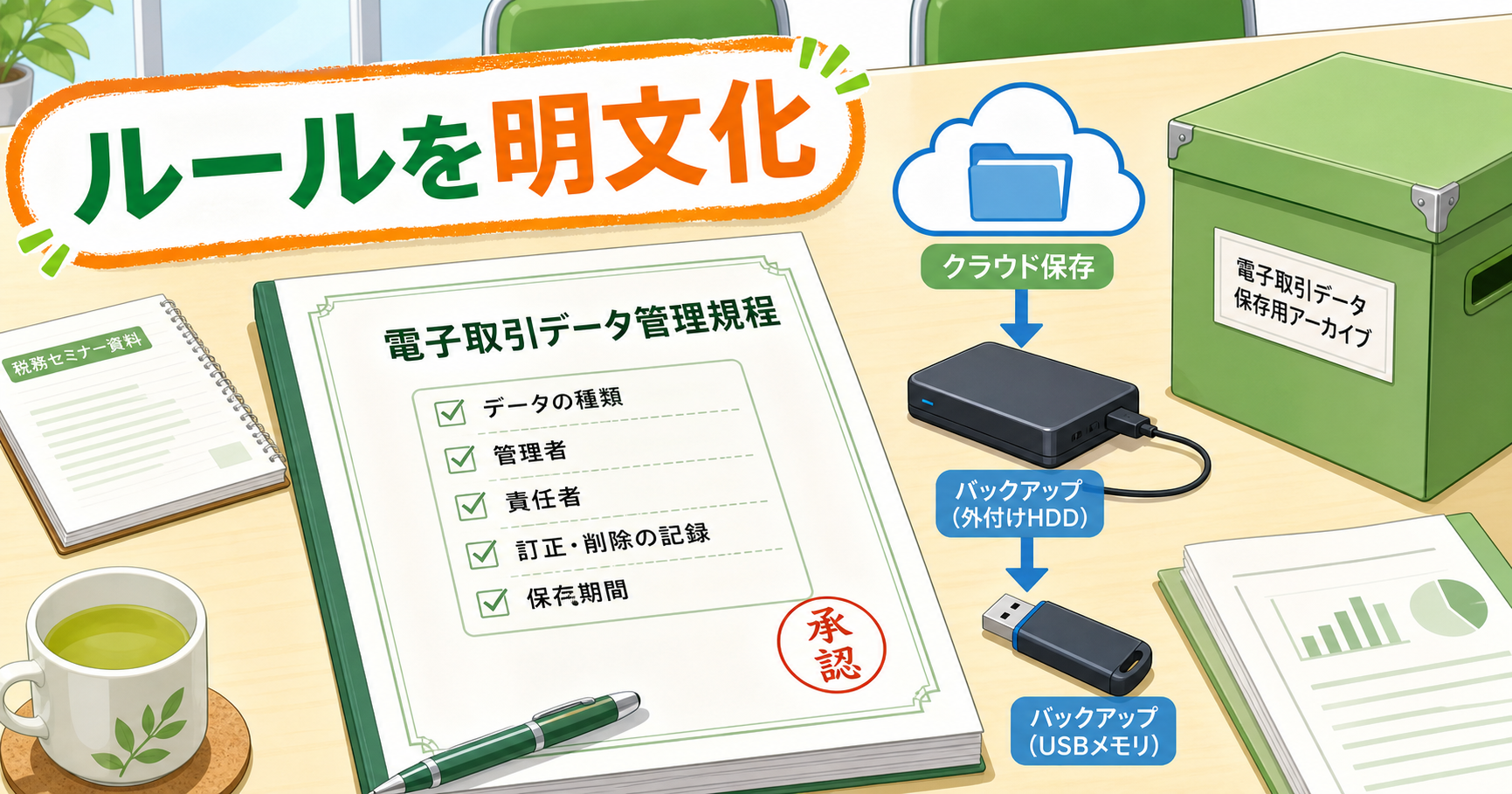 電子取引データの管理規程と保存媒体を確認する書類