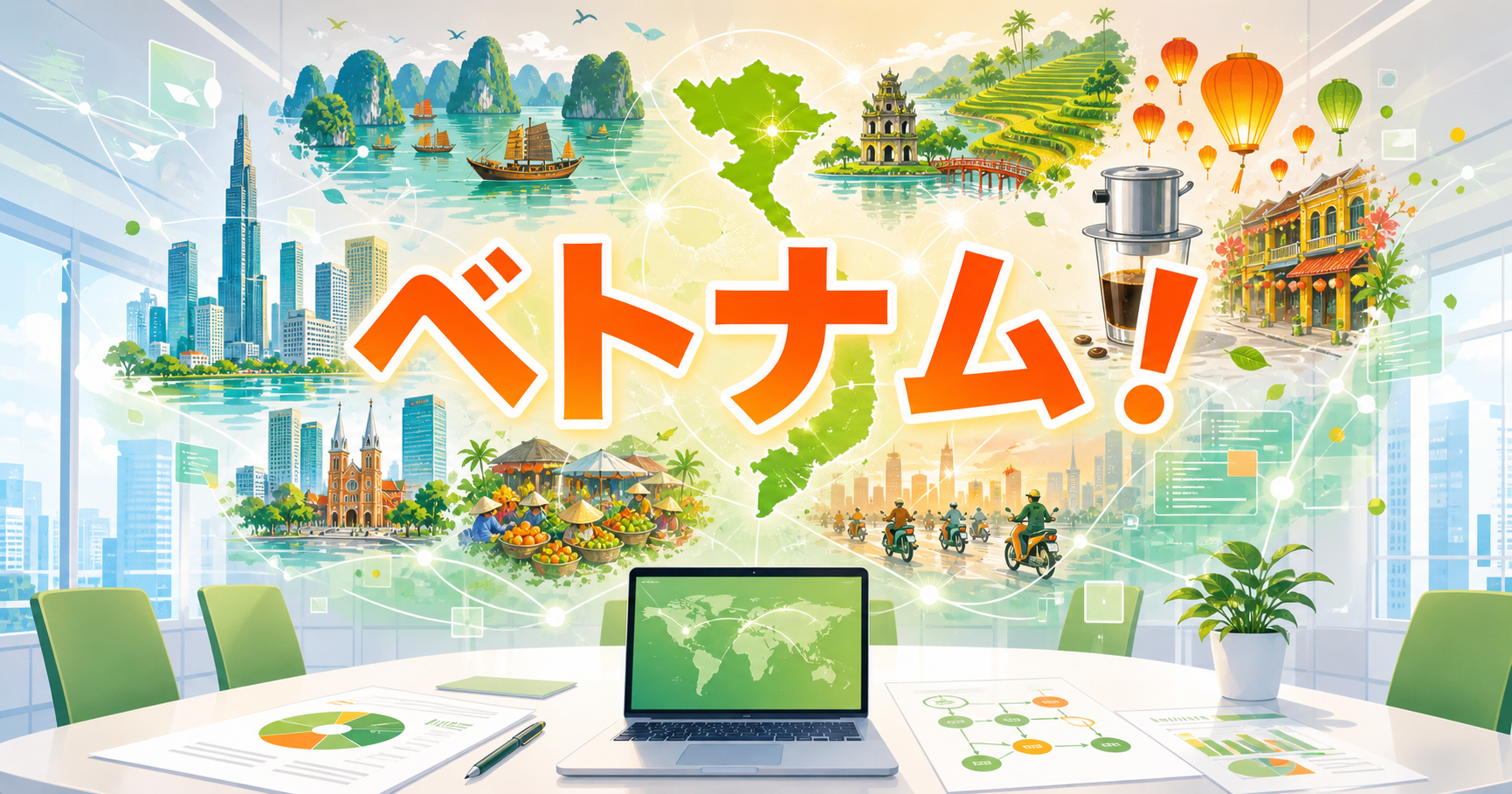 会議室に浮かぶベトナムの風景や都市、文化のイメージ