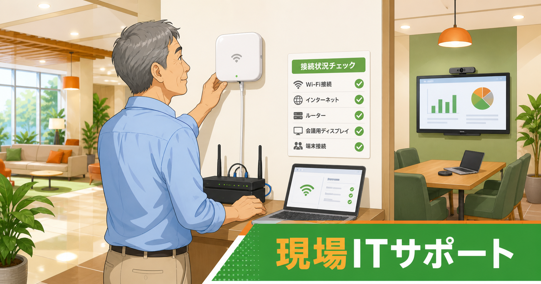 ホテルの共用スペースでWi-Fi機器と会議用ディスプレイを確認するITサポート担当者のイラスト