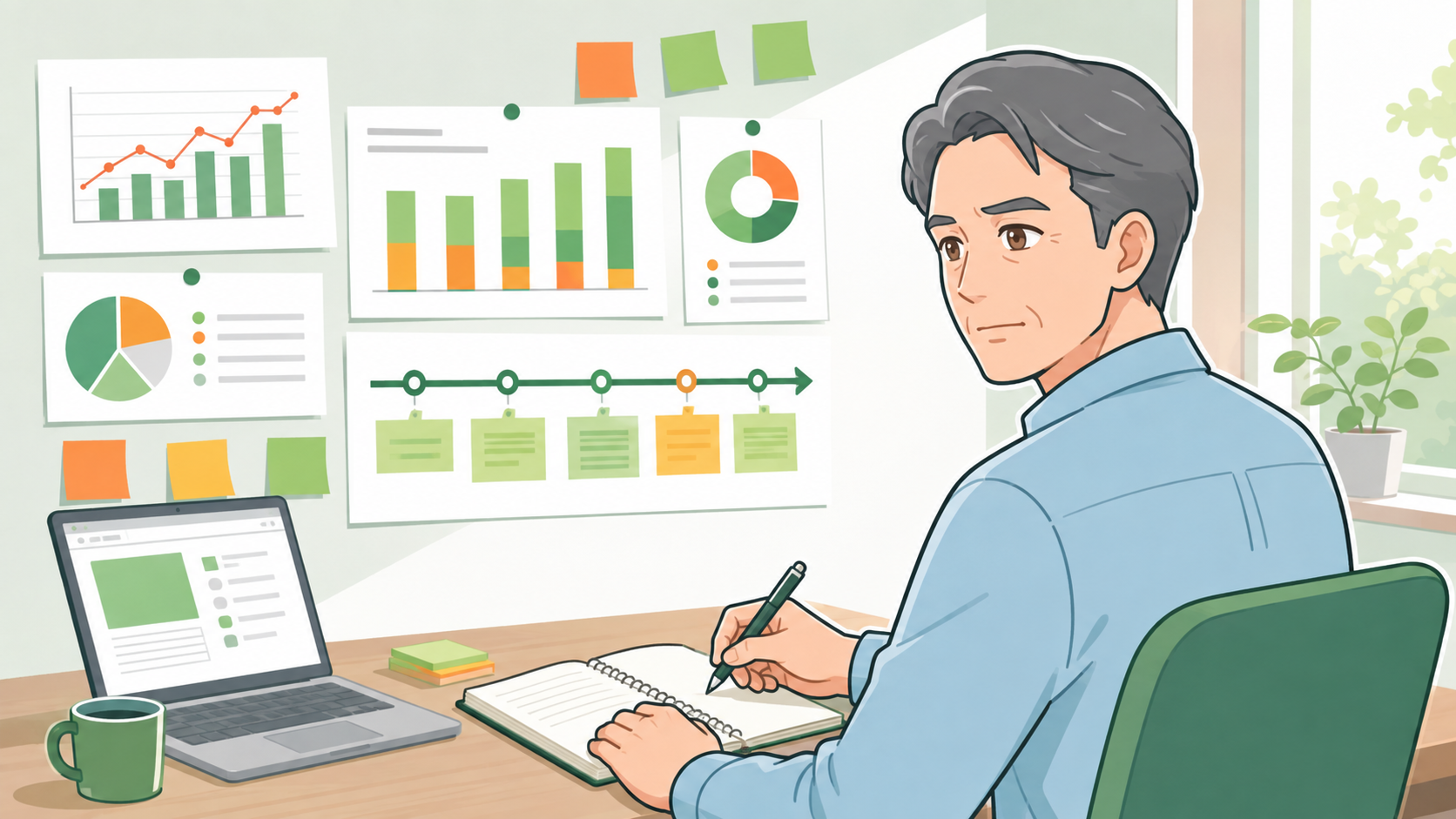開業半年の振り返りとして、月ごとのグラフと今後の予定を見ながら計画を立てる男性のイラスト
