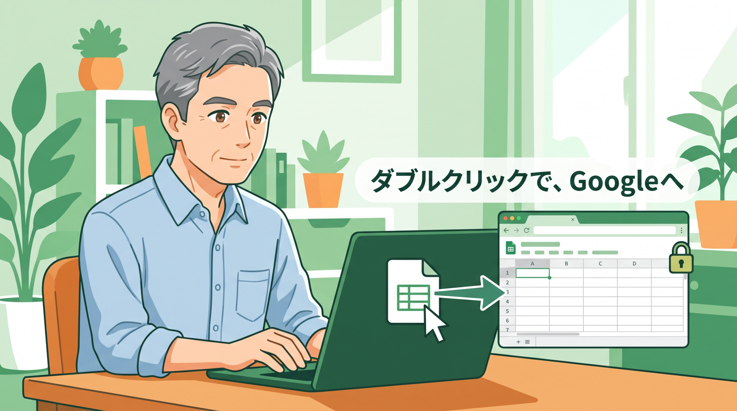ダブルクリックしたファイルがブラウザ上のGoogleスプレッドシートで開くところを見ている人物
