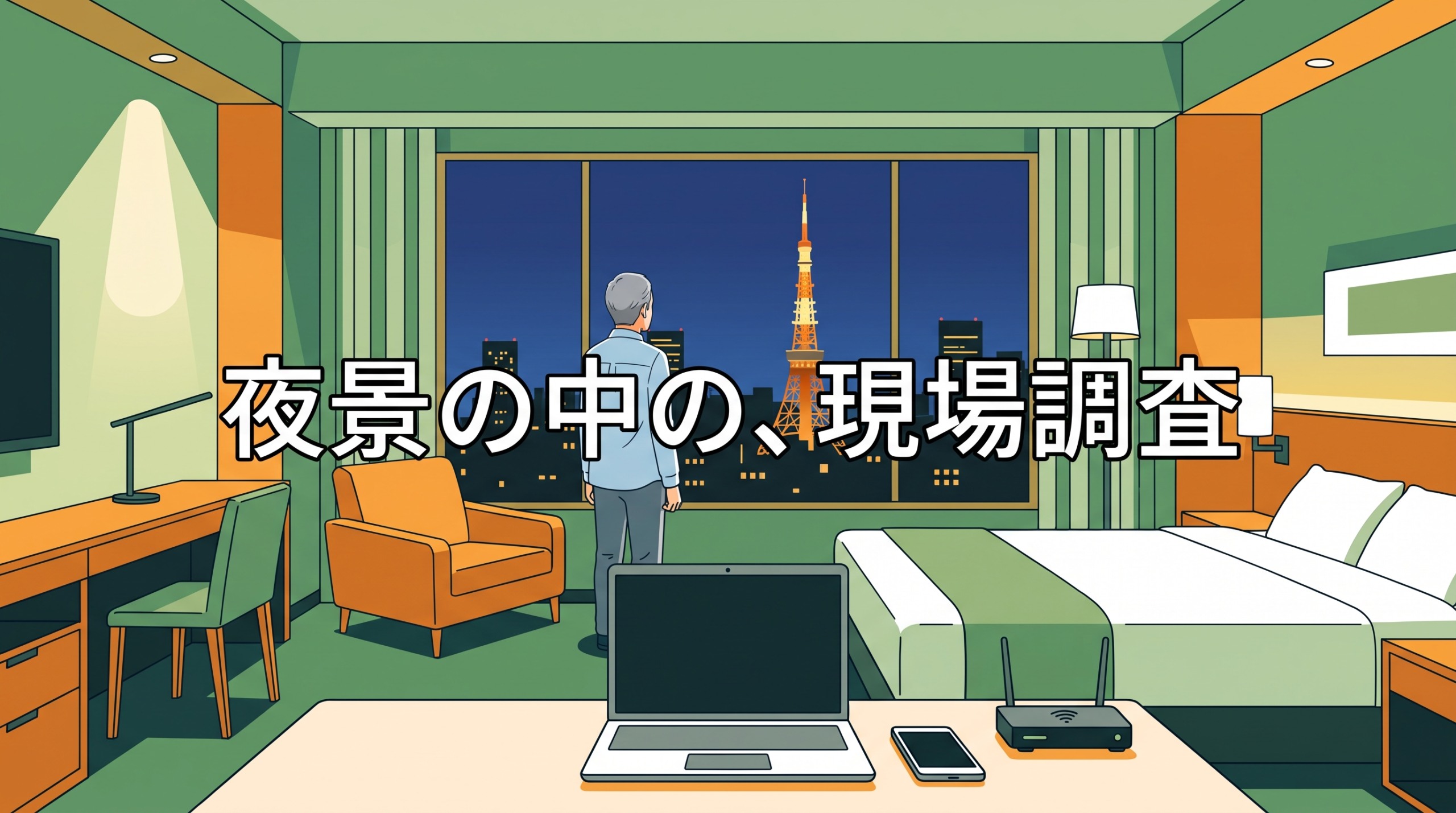 東京タワーの夜景を窓の外に見ながら、ホテルの一室でノートパソコンとWi-Fiルーターを前に後ろ姿で立つ人物